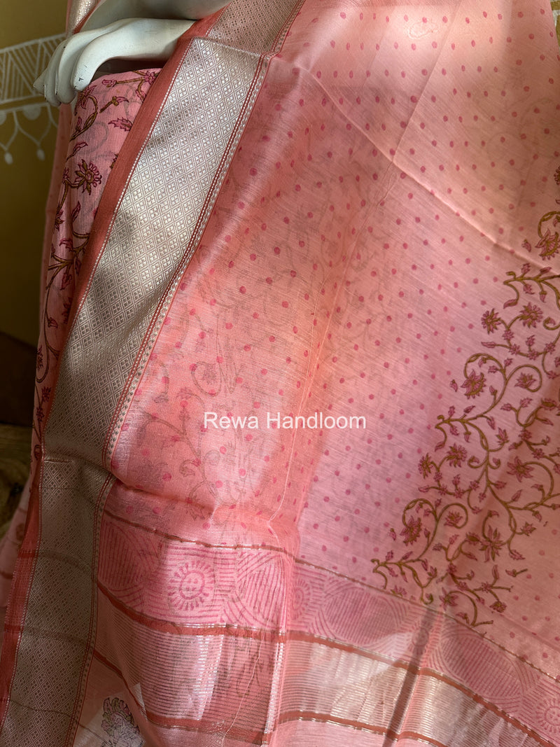Maheshwari Pink Handblock Print Top-Dupatta Set HBPS02