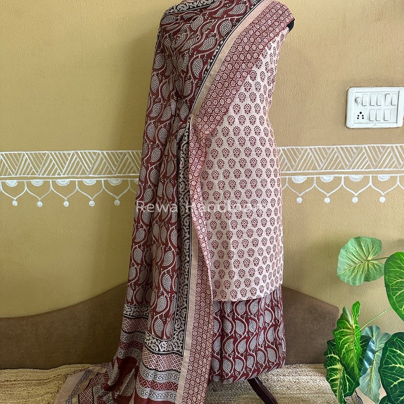 Maheshwari White-Maroon Bagh Print Tissue Suit BTS013