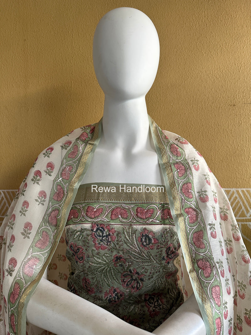 Maheshwari Green Handblock Print Top-Dupatta Set HBPS06