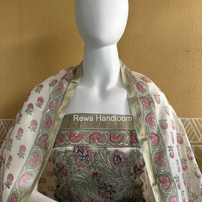 Maheshwari Green Handblock Print Top-Dupatta Set HBPS06