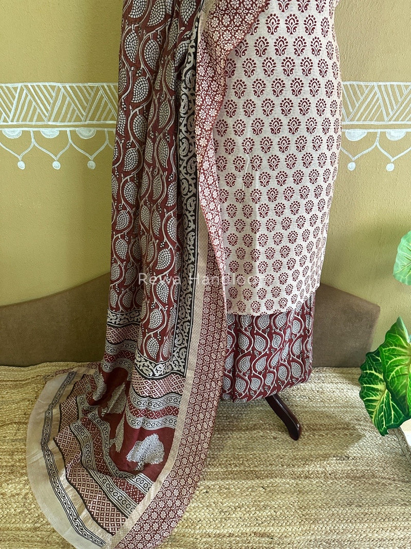 Maheshwari White-Maroon Bagh Print Tissue Suit BTS013