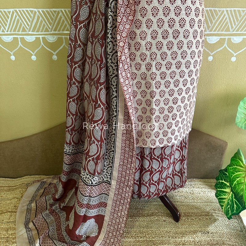 Maheshwari White-Maroon Bagh Print Tissue Suit BTS013