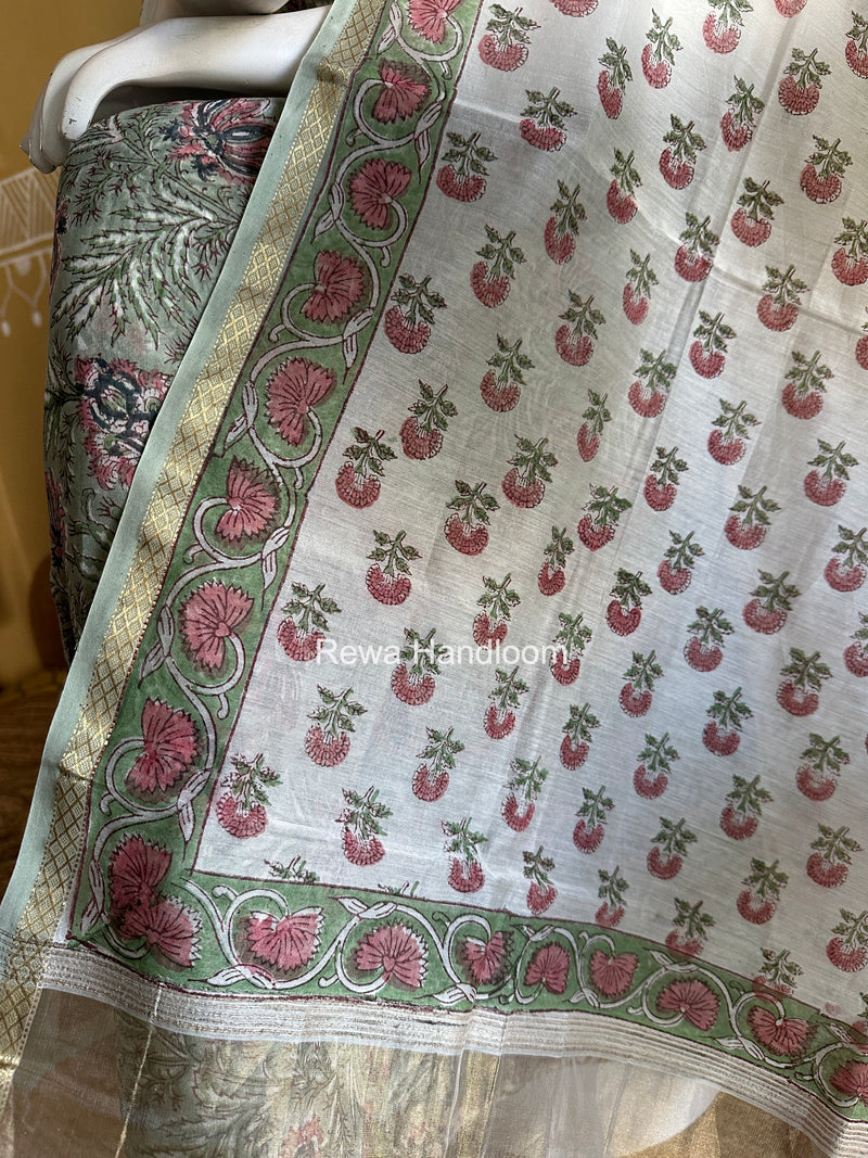 Maheshwari Green Handblock Print Top-Dupatta Set HBPS06