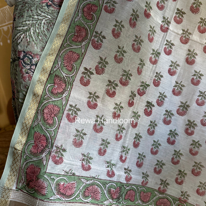 Maheshwari Green Handblock Print Top-Dupatta Set HBPS06