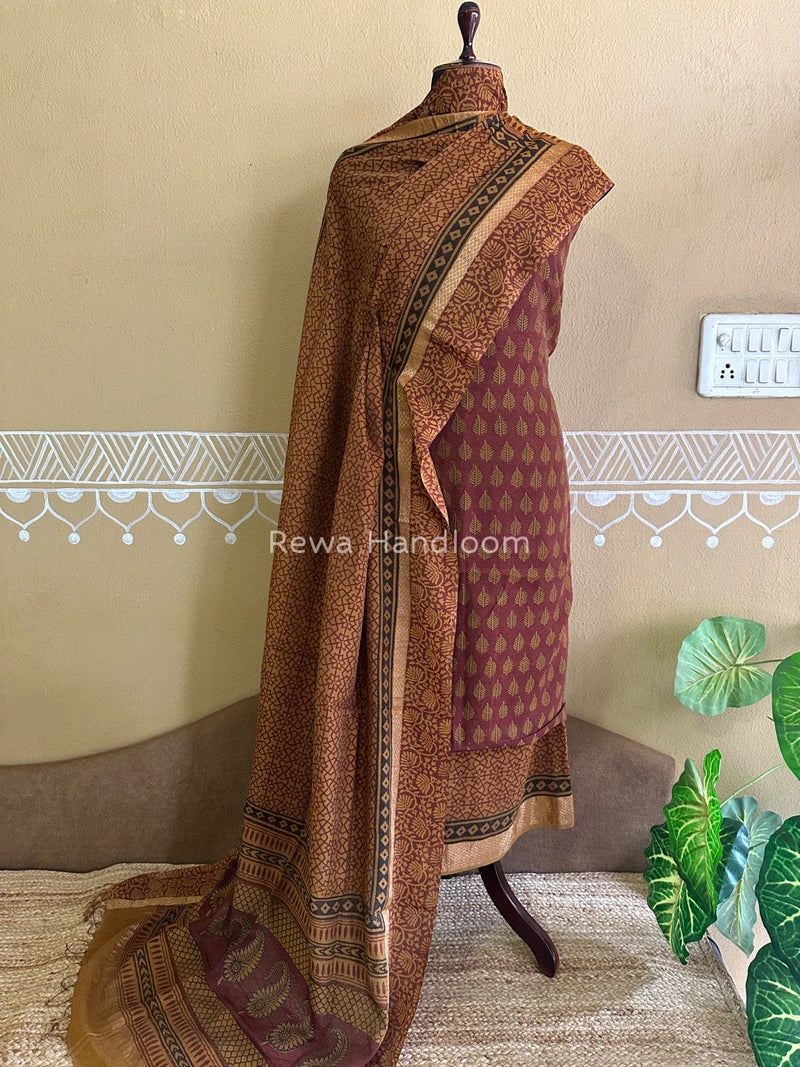 Maheshwari Maroon-Mustard Yellow Bagh Print Tissue Suit BTS012