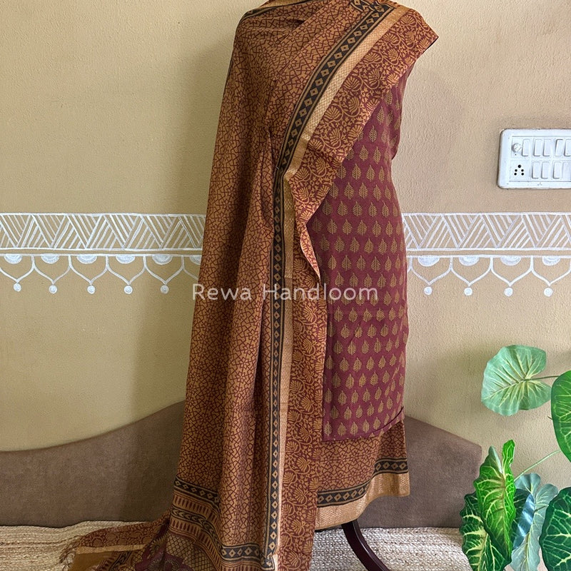 Maheshwari Maroon-Mustard Yellow Bagh Print Tissue Suit BTS012