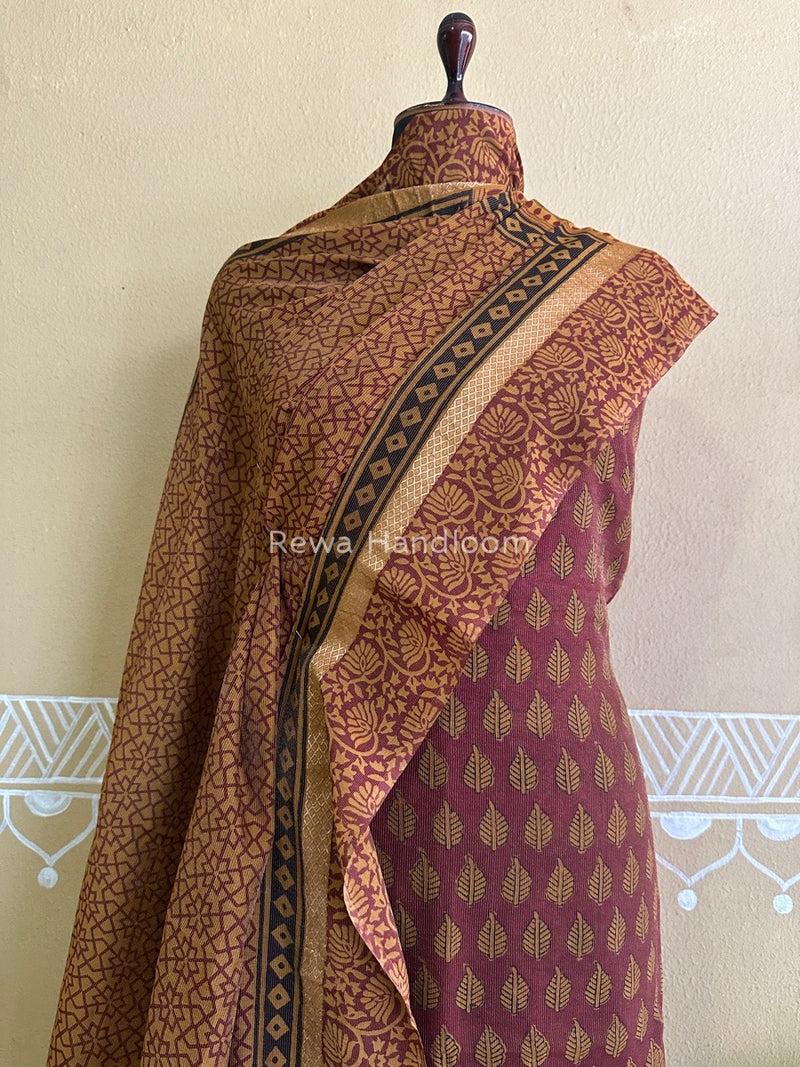 Maheshwari Maroon-Mustard Yellow Bagh Print Tissue Suit BTS012