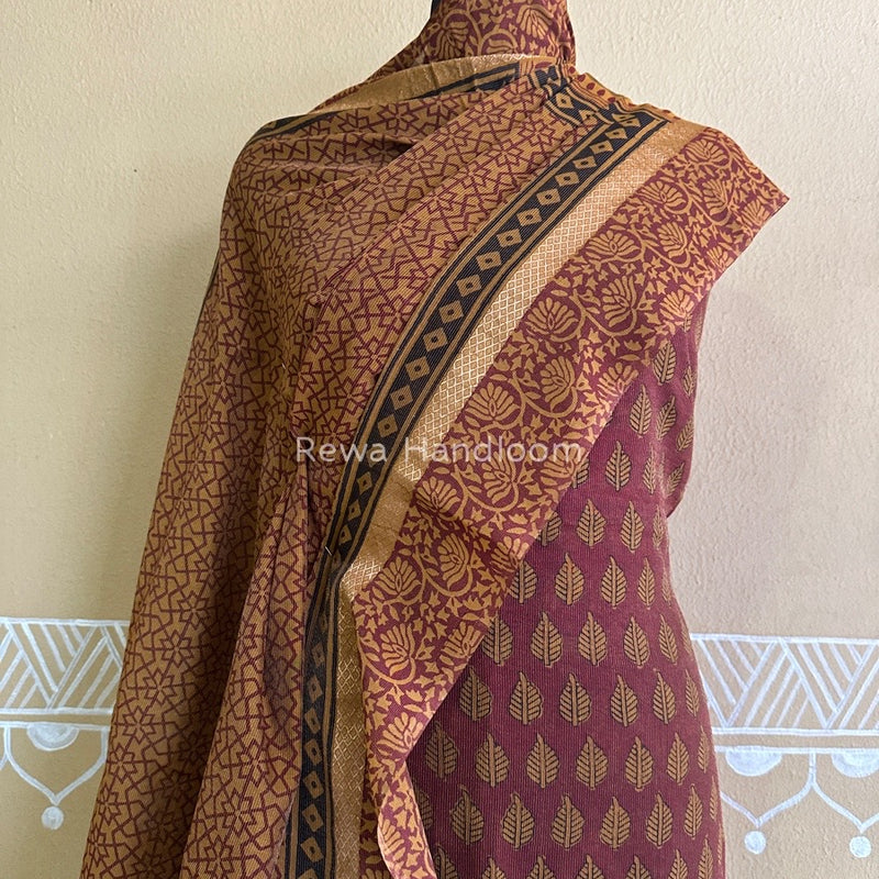 Maheshwari Maroon-Mustard Yellow Bagh Print Tissue Suit BTS012