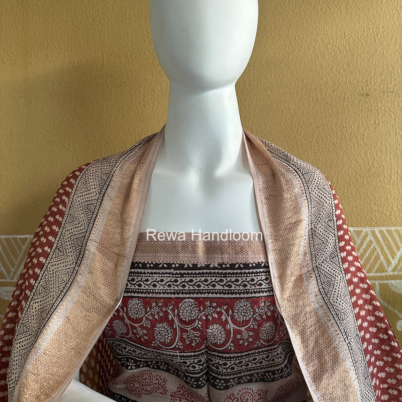 Maheshwari Maroon-White Bagh Print Tissue Top-Dupatta Set BPTS013