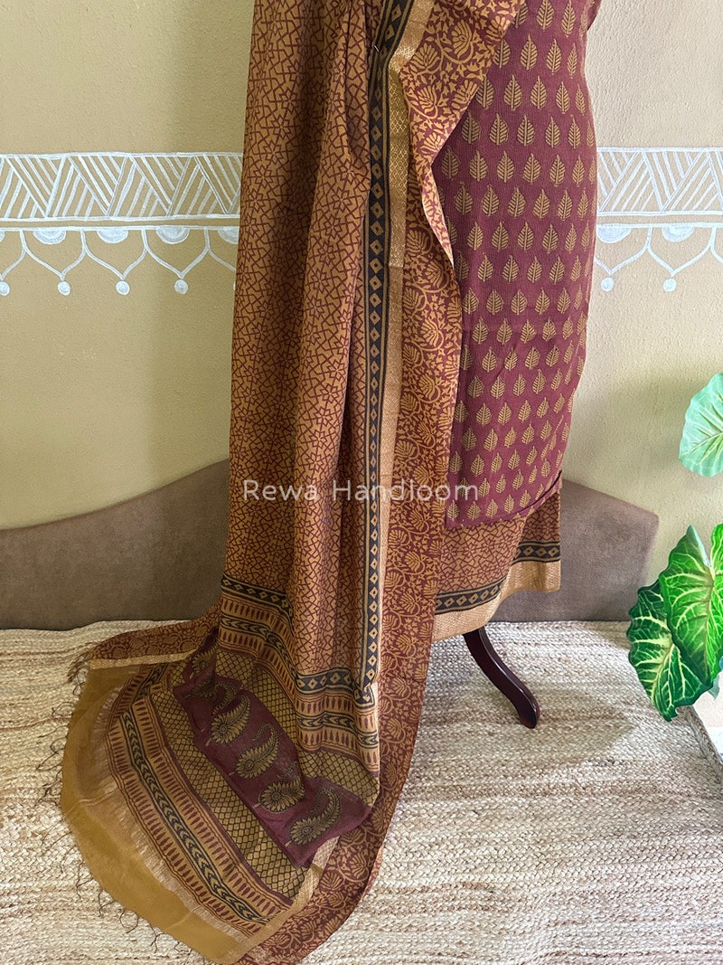 Maheshwari Maroon-Mustard Yellow Bagh Print Tissue Suit BTS012