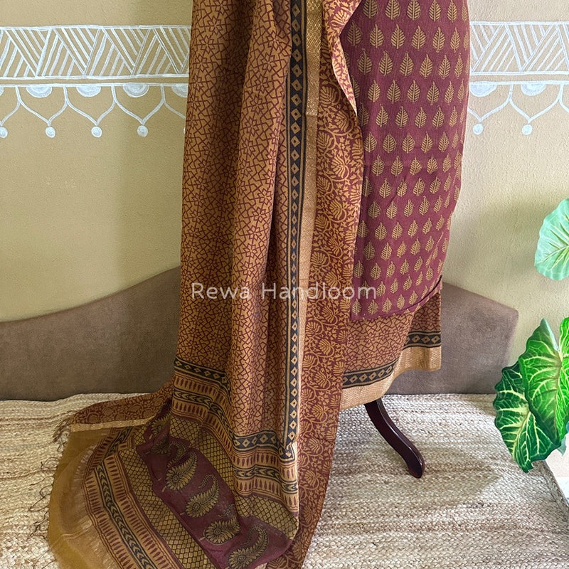 Maheshwari Maroon-Mustard Yellow Bagh Print Tissue Suit BTS012