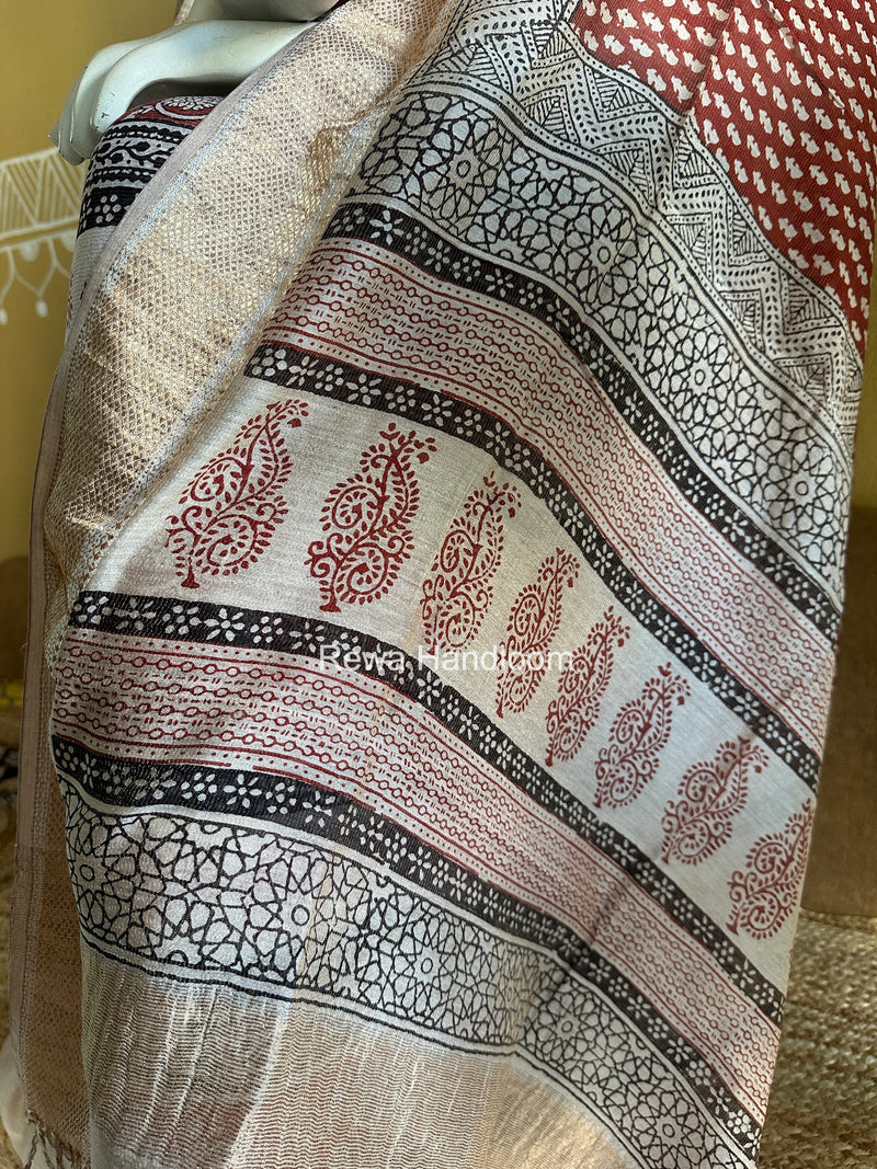 Maheshwari Maroon-White Bagh Print Tissue Top-Dupatta Set BPTS013