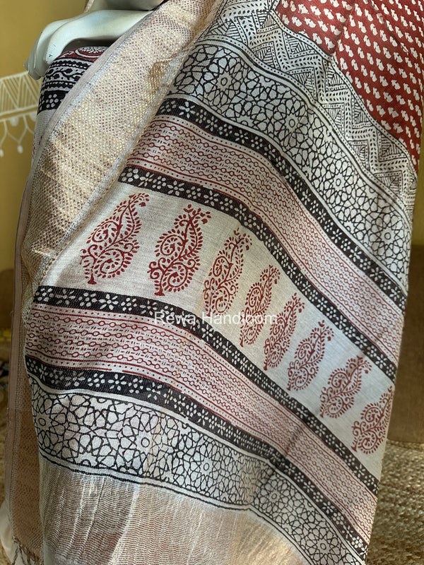 Maheshwari Maroon-White Bagh Print Tissue Top-Dupatta Set BPTS013