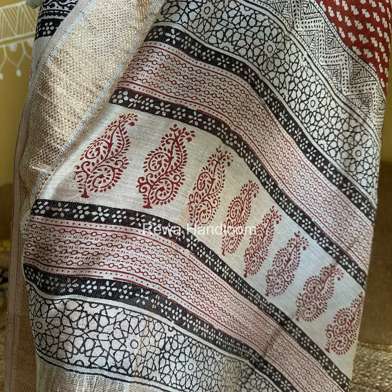 Maheshwari Maroon-White Bagh Print Tissue Top-Dupatta Set BPTS013