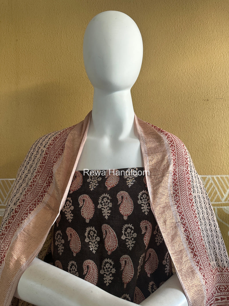 Maheshwari Black-White Bagh Print Tissue Top-Dupatta Set BPTS014
