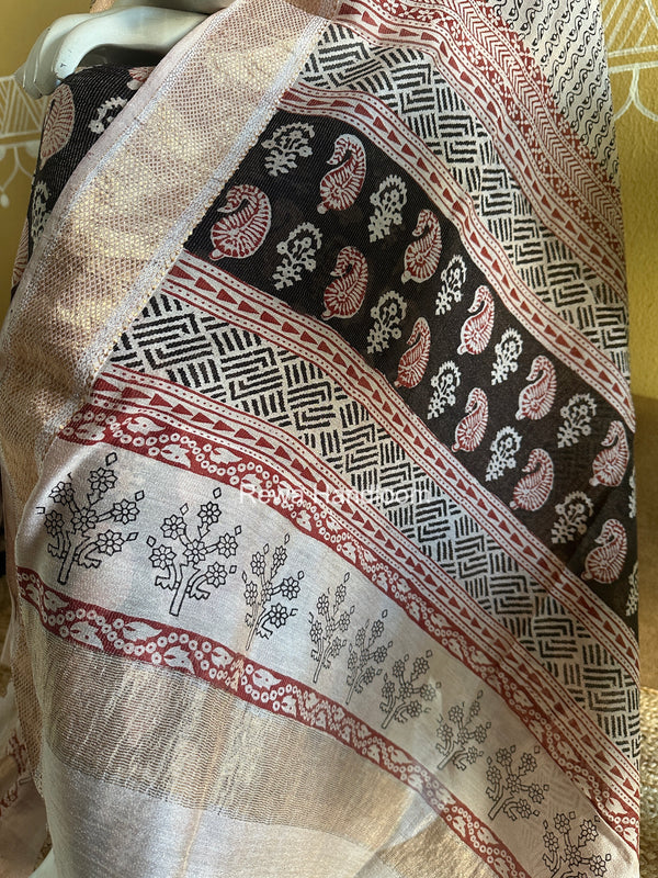 Maheshwari Black-White Bagh Print Tissue Top-Dupatta Set BPTS014
