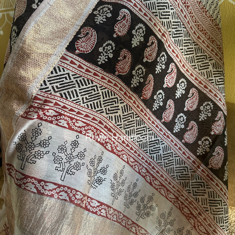 Maheshwari Black-White Bagh Print Tissue Top-Dupatta Set BPTS014