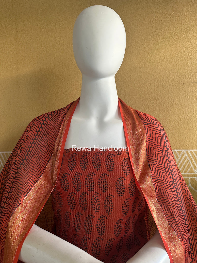 Maheshwari Tissue Black Rust Bagh Print Suit BT01