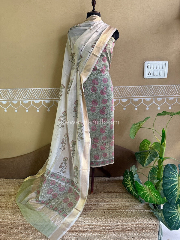 Maheshwari Handblock Tissue Top-Dupatta