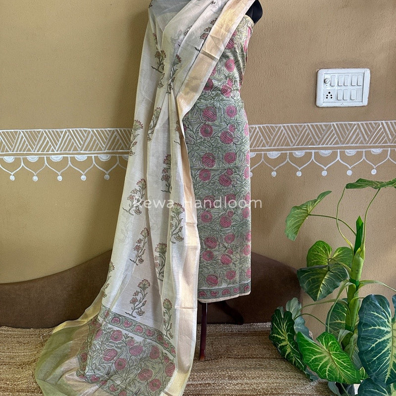 Maheshwari Handblock Tissue Top-Dupatta