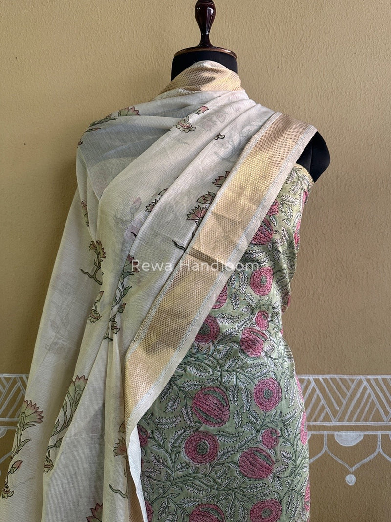 Maheshwari Pista Green Handblock Tissue Top-Dupatta PRT09