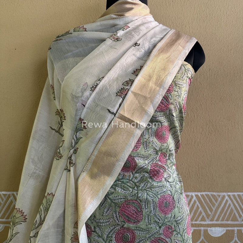 Maheshwari Pista Green Handblock Tissue Top-Dupatta PRT09