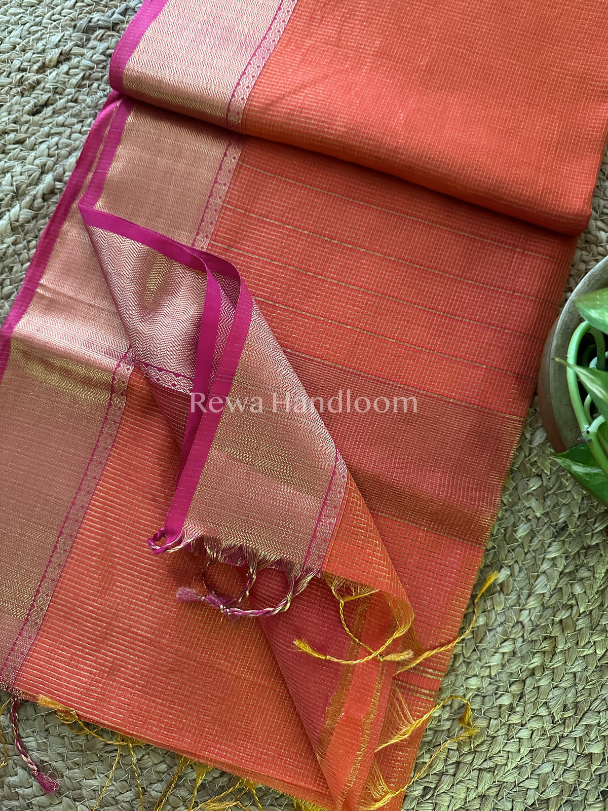 Maheshwari Peach Orange Tissue Silk Saree-ZTS024