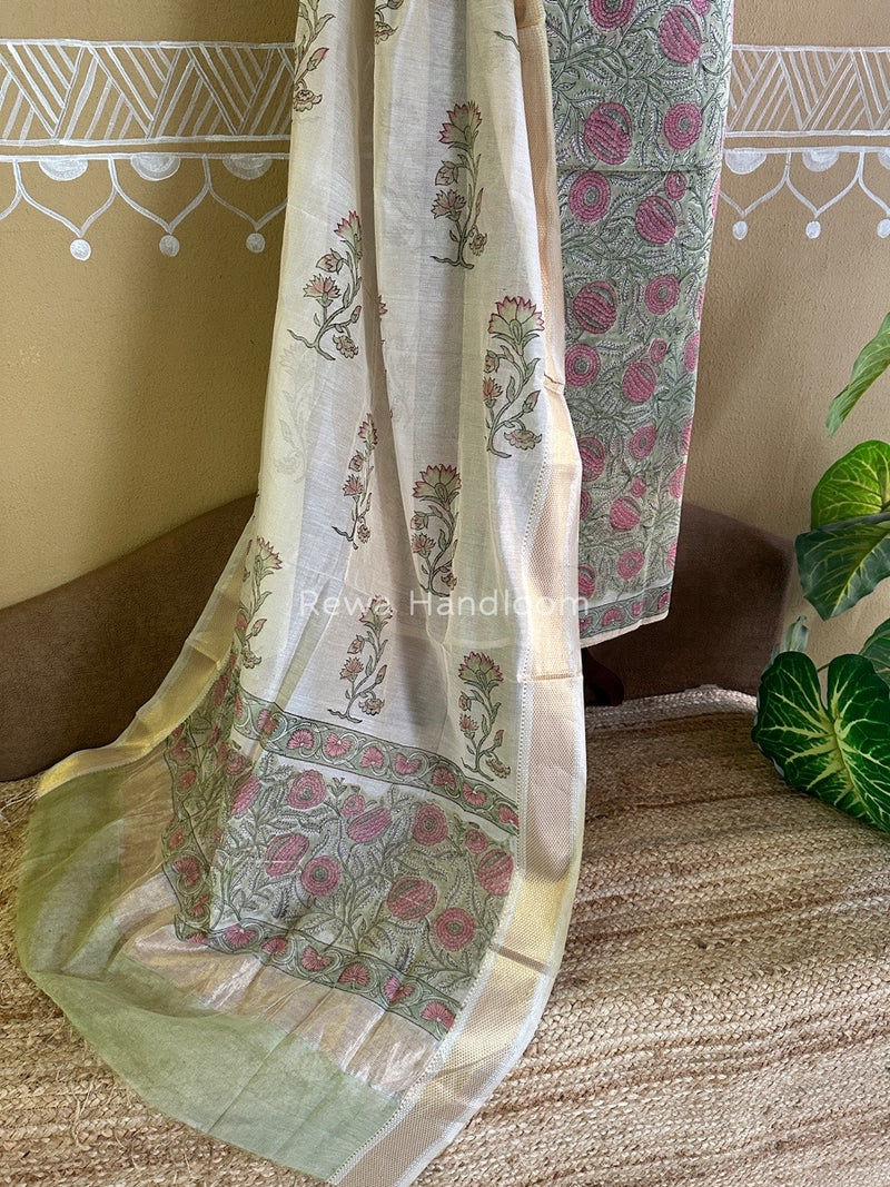 Maheshwari Pista Green Handblock Tissue Top-Dupatta PRT09