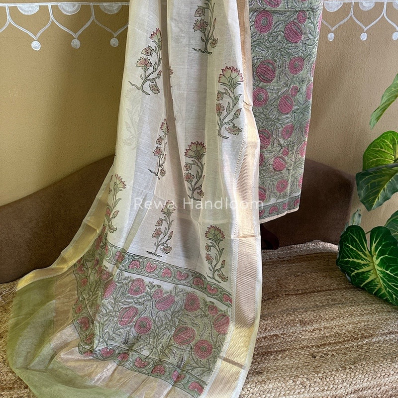 Maheshwari Pista Green Handblock Tissue Top-Dupatta PRT09