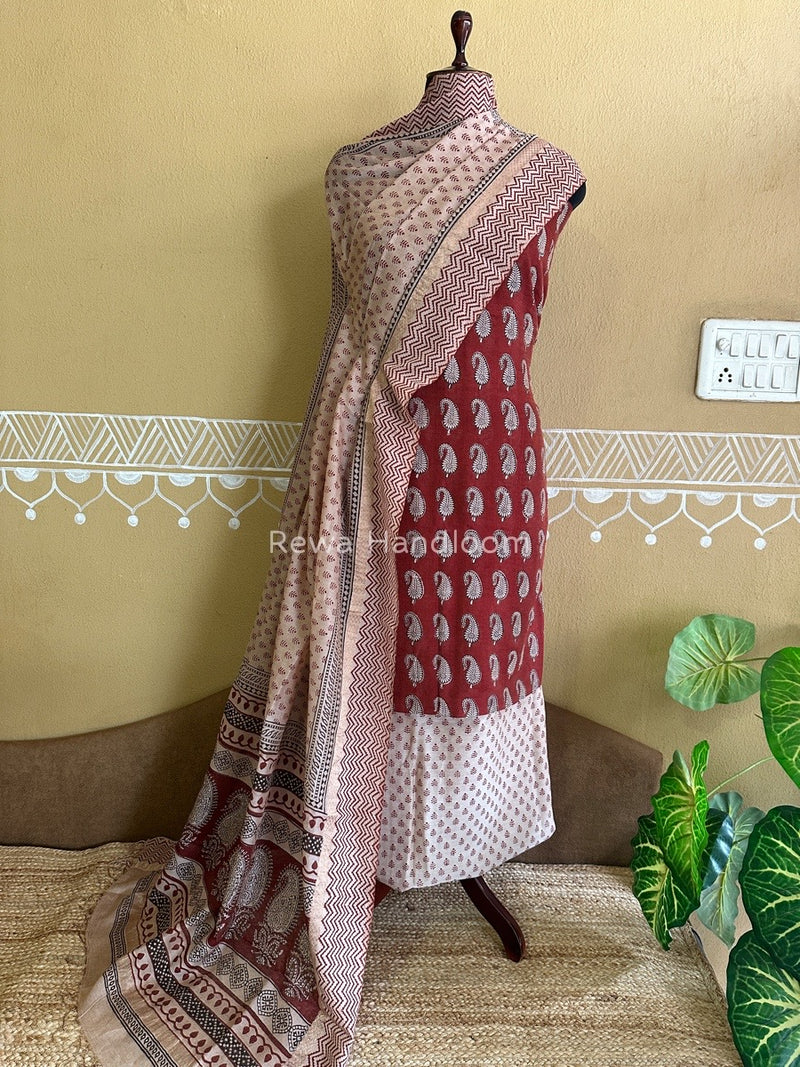Maheshwari Maroon-White Bagh Print Tissue Suit BTS02
