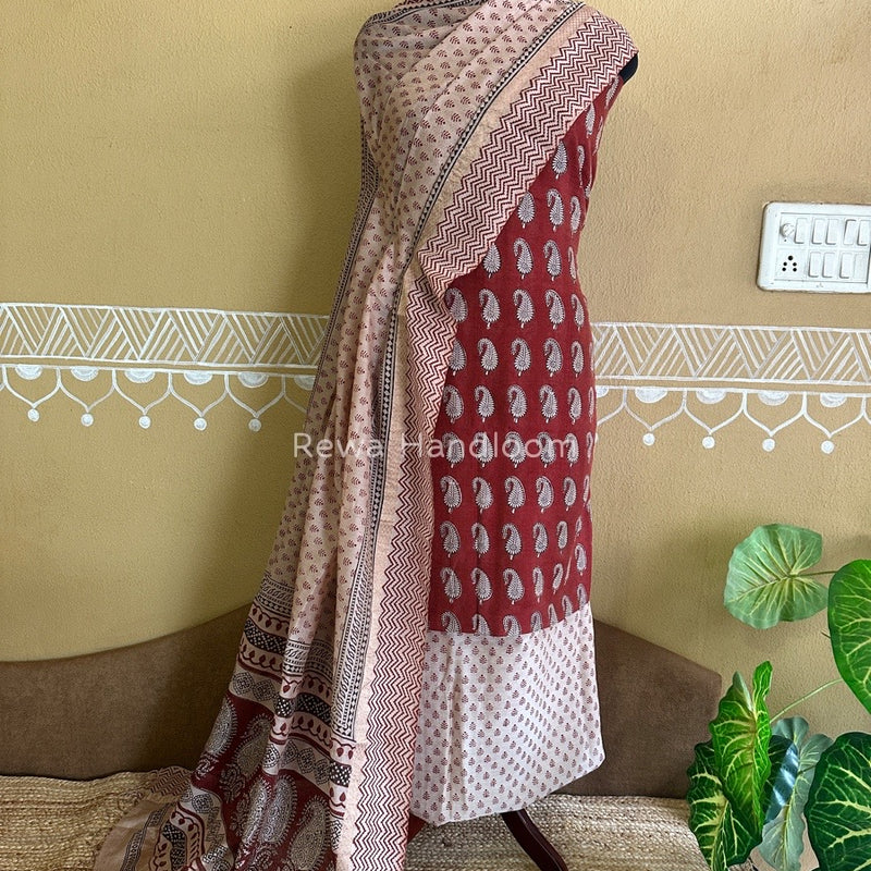 Maheshwari Maroon-White Bagh Print Tissue Suit BTS02
