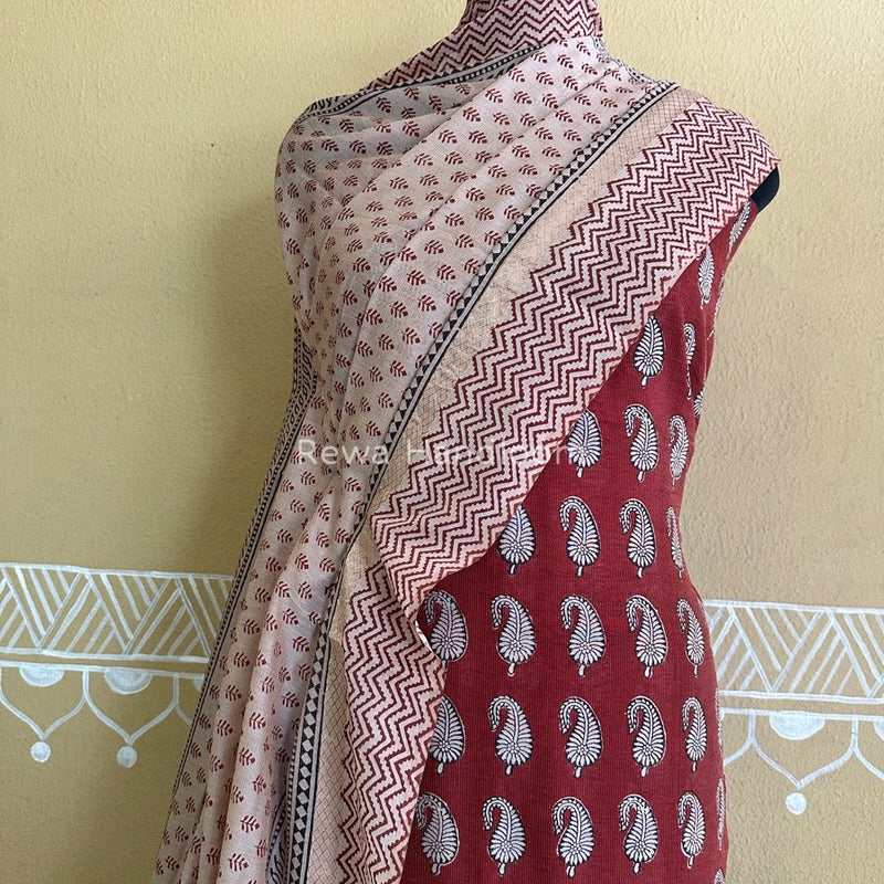 Maheshwari Maroon-White Bagh Print Tissue Suit BTS02