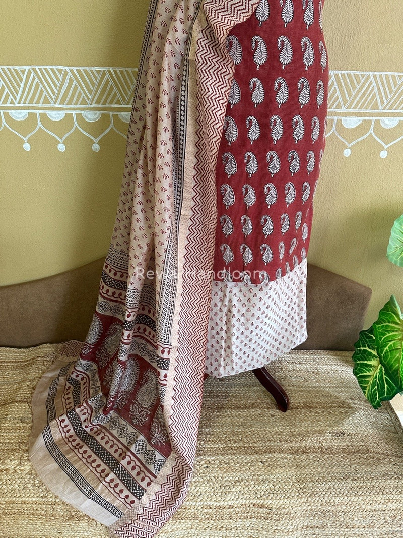 Maheshwari Maroon-White Bagh Print Tissue Suit BTS02