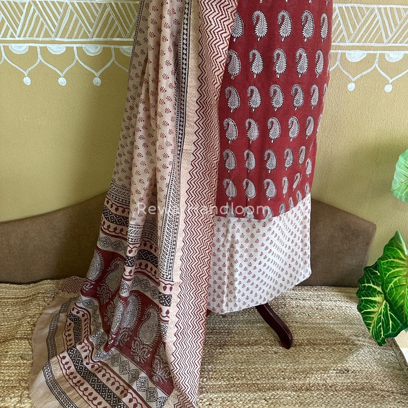 Maheshwari Maroon-White Bagh Print Tissue Suit BTS02