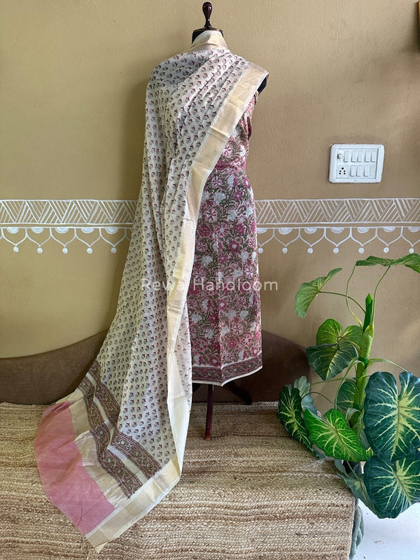 Maheshwari Handblock Tissue Top-Dupatta