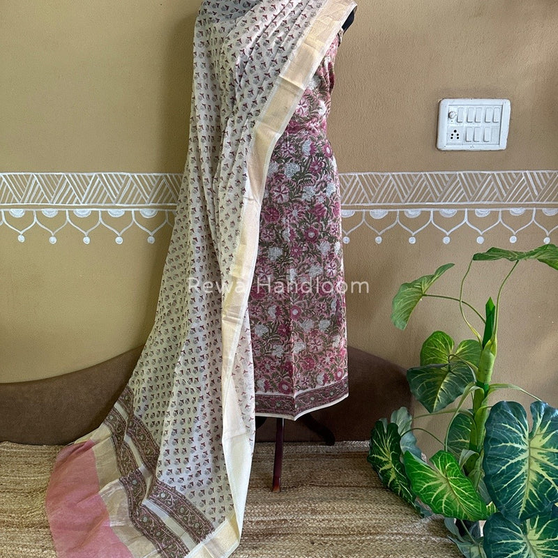 Maheshwari Handblock Tissue Top-Dupatta