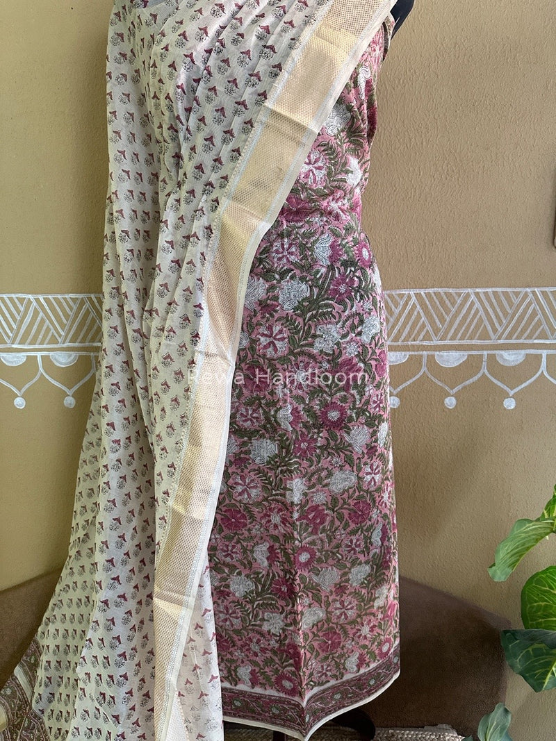 Maheshwari Baby Pink Handblock Tissue Top-Dupatta PRT010