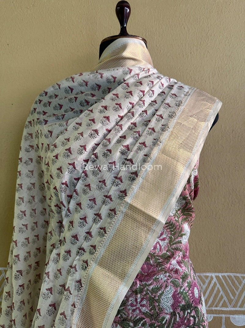 Maheshwari Baby Pink Handblock Tissue Top-Dupatta PRT010