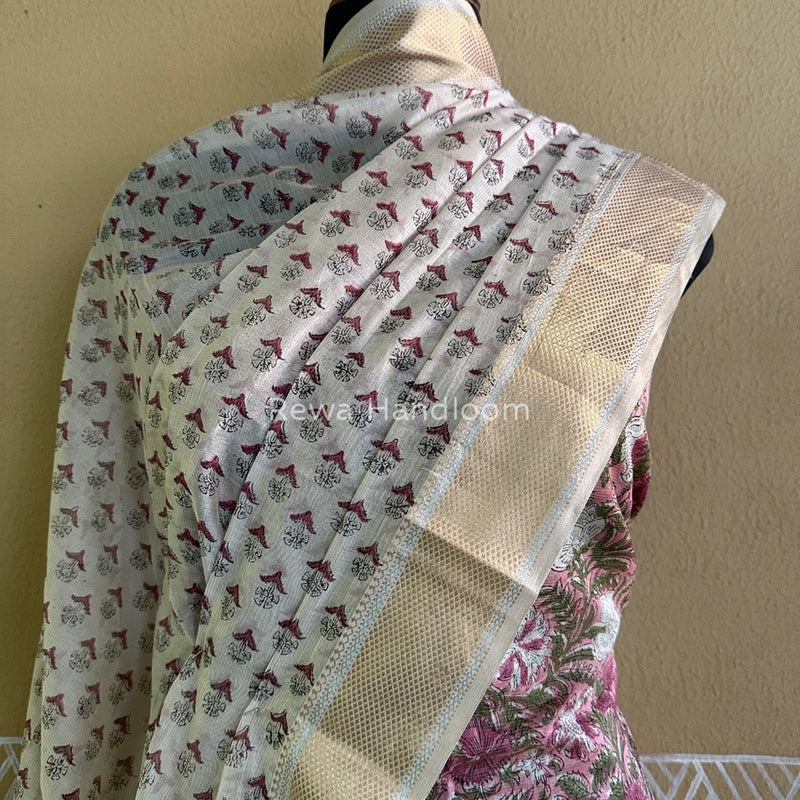 Maheshwari Baby Pink Handblock Tissue Top-Dupatta PRT010