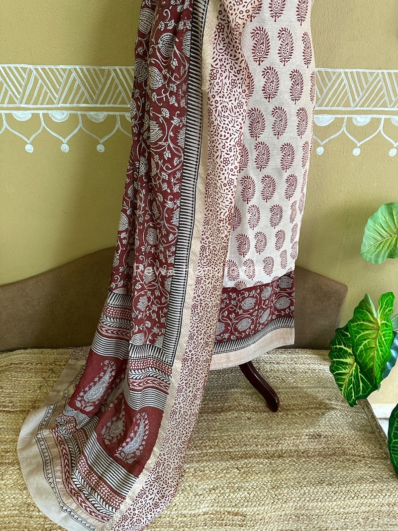 Maheshwari Off White-Red Bagh Print Tissue Suit BTS01