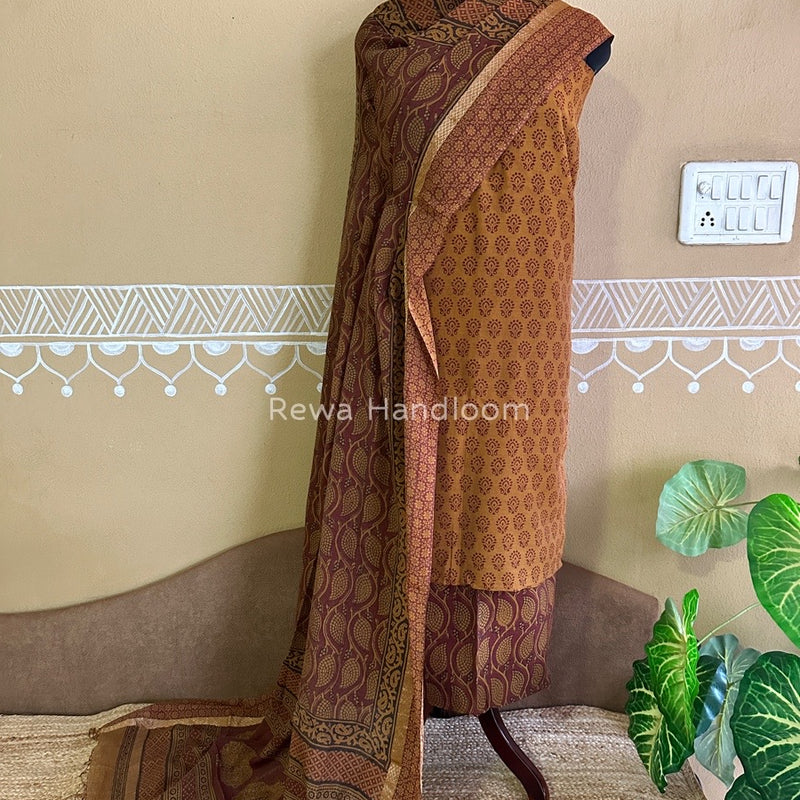 Maheshwari Mustard Yellow-Maroon Bagh Print Tissue Suit BTS010