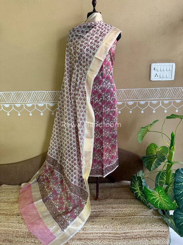 Maheshwari Handblock Tissue Top-Dupatta
