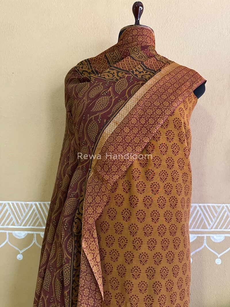 Maheshwari Mustard Yellow-Maroon Bagh Print Tissue Suit BTS010