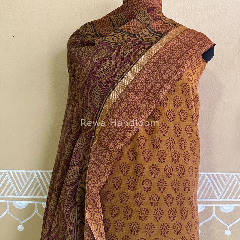 Maheshwari Mustard Yellow-Maroon Bagh Print Tissue Suit BTS010