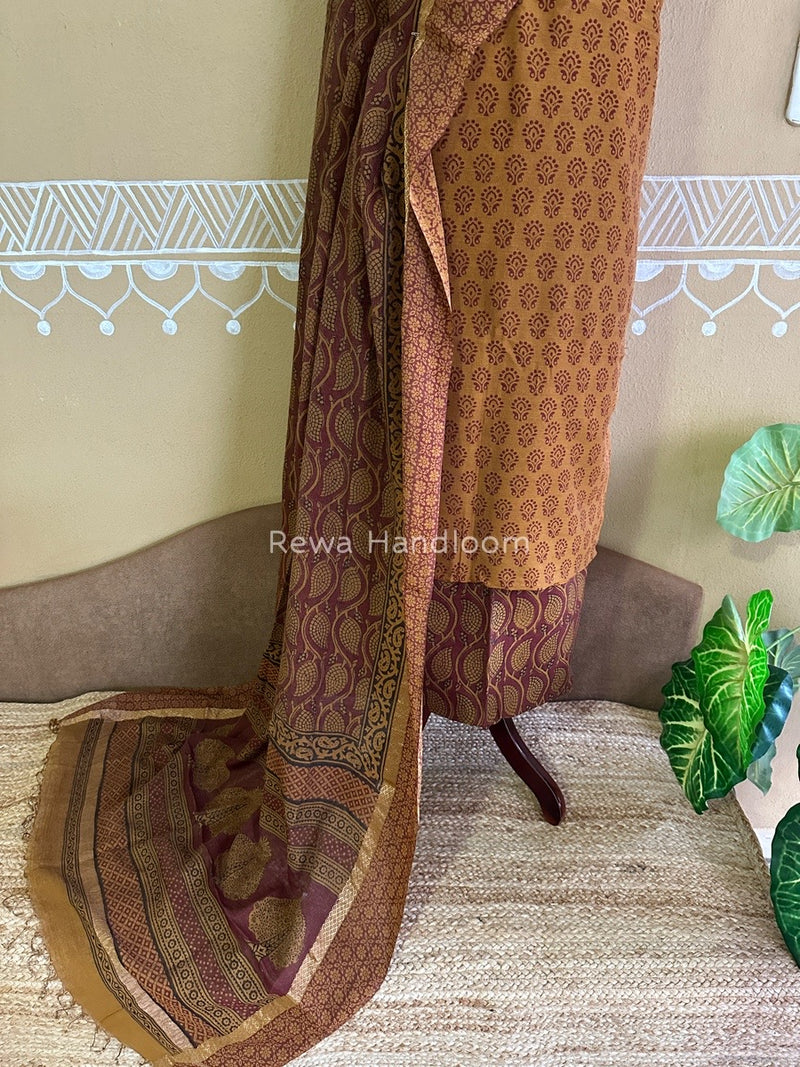 Maheshwari Mustard Yellow-Maroon Bagh Print Tissue Suit BTS010
