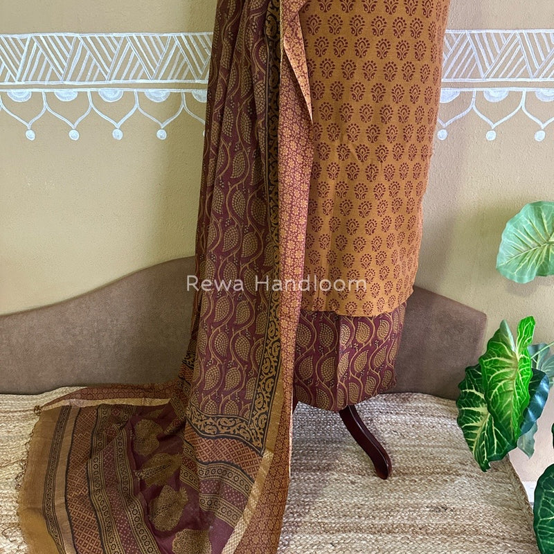 Maheshwari Mustard Yellow-Maroon Bagh Print Tissue Suit BTS010