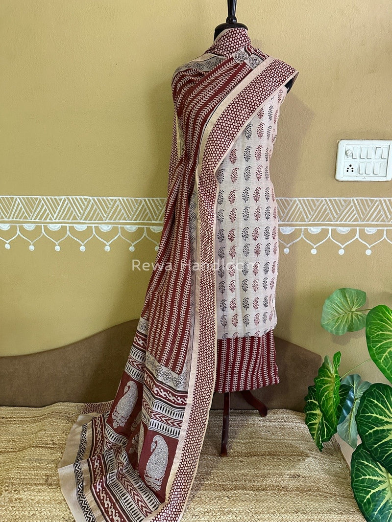 Maheshwari White-Maroon Bagh Print Tissue Suit BTS07