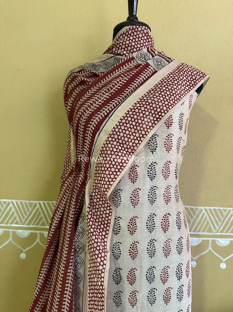 Maheshwari White-Maroon Bagh Print Tissue Suit BTS07