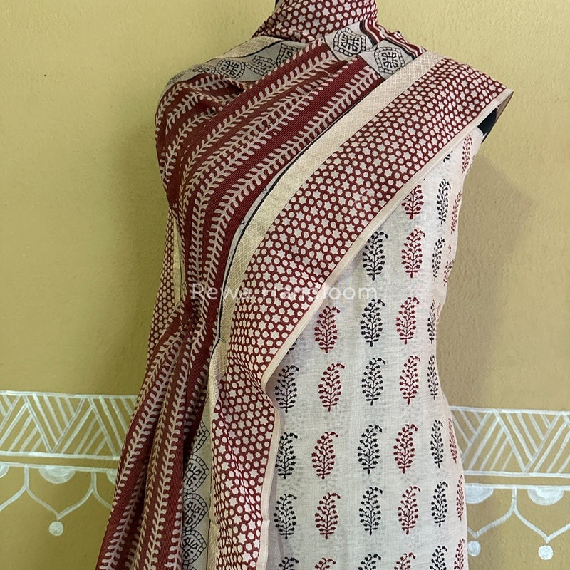 Maheshwari White-Maroon Bagh Print Tissue Suit BTS07