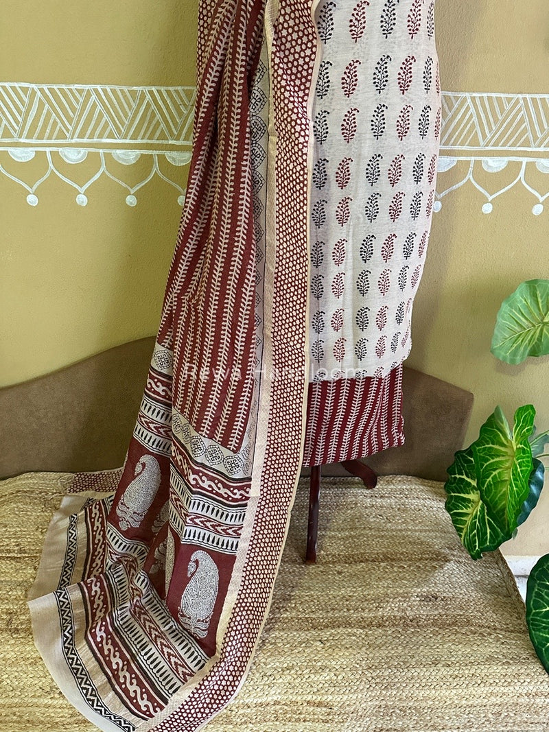 Maheshwari White-Maroon Bagh Print Tissue Suit BTS07